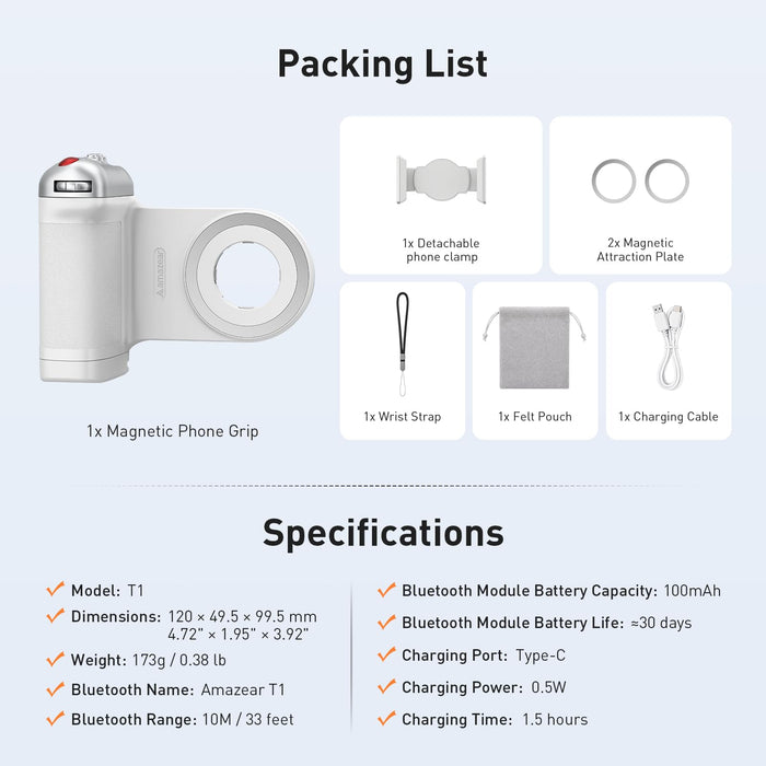 Amazear Phone Camera Grip with Detachable Clamp - White - detail 8