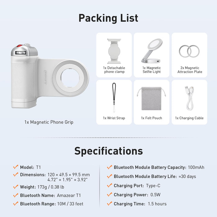 Amazear Phone Camera Grip, Detachable Clamp and Fill Light Set - White - detail 9