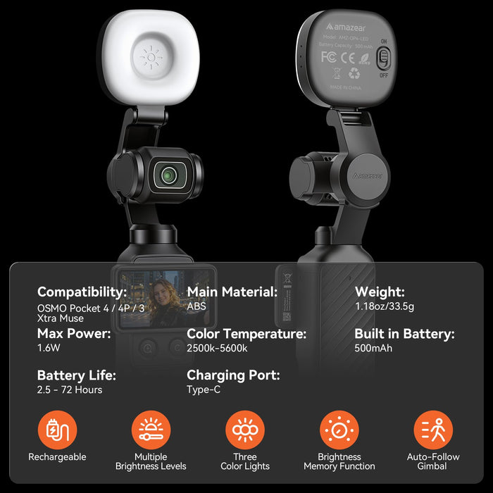 Amazear Magnetic Fill Light for DJI Osmo Pocket 4/3/4P/Xtra - detail 9