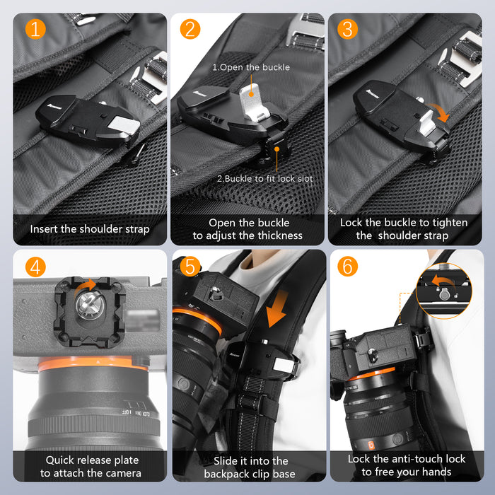 Camera Backpack Clip for DSLR, Upgraded One-Handed Operation Bag Strap Belt Clip with Quick Release Plate Mount for Canon Nikon Sony Fuji Go-Pro Action Cam with Safety Latch, Black