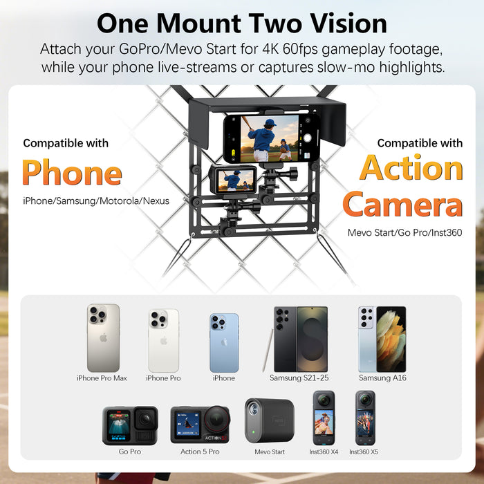 Phone Fence Mount with Magnetic Shade, Game Changer Mounting Kit for iPhone Samsung Mevo Start Go Pro and Other Action Cameras, Gamechanger Streaming Kit for Baseball Softball Tennis Grey